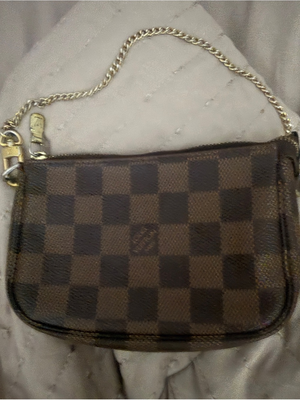 Louis Vuitton Brown Damier Ebene Mini Wristlet with Gold Chain Strap